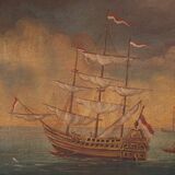 20th century Italian painting of a harbor view