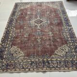 Tapis oriental vintage 205x300 cm, laine nouée à la main, tons rouge bleu beige, tapis turc
