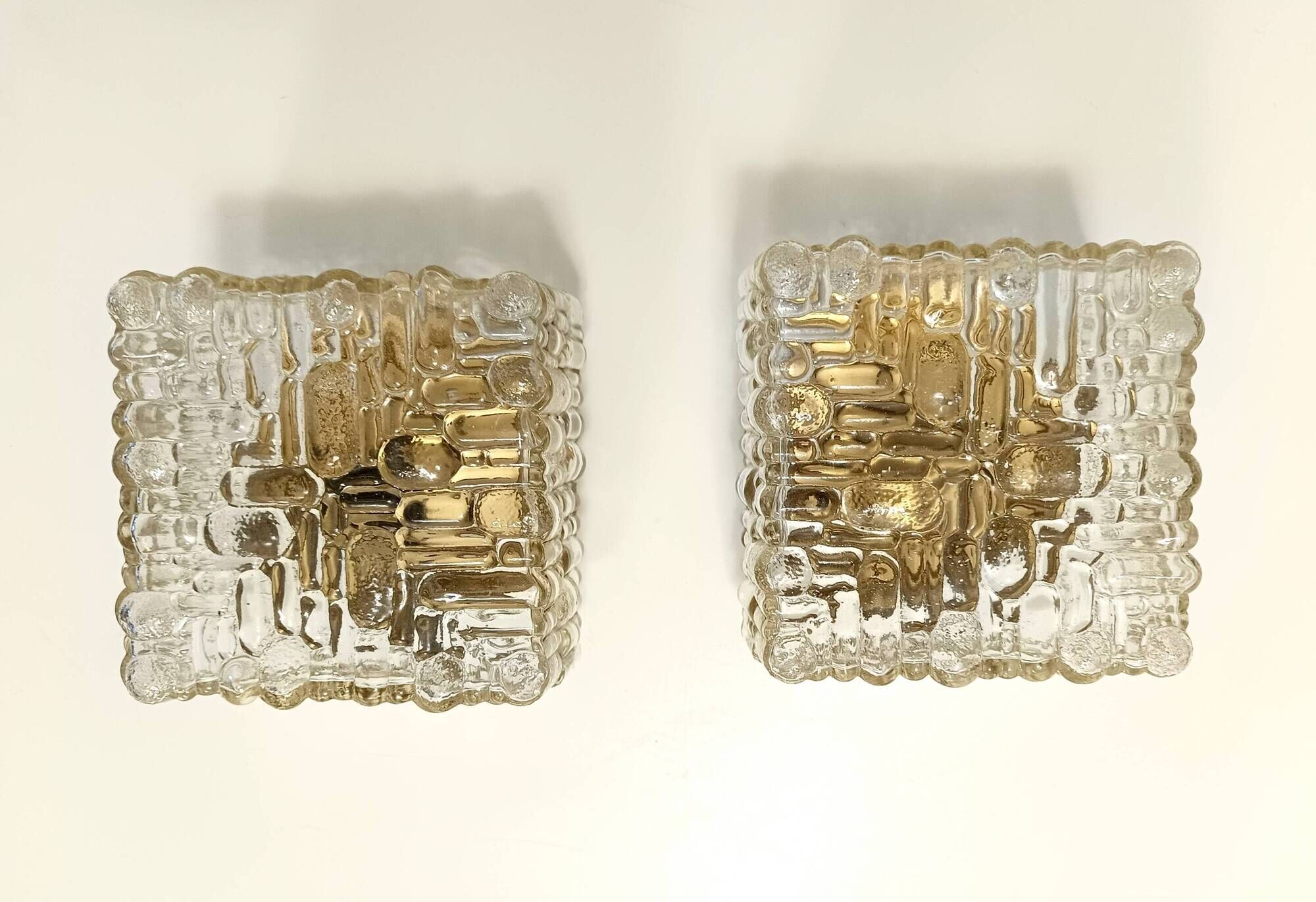 Pair of Square Molded Clear Glass and Gold Varnished Iron Wall Lights