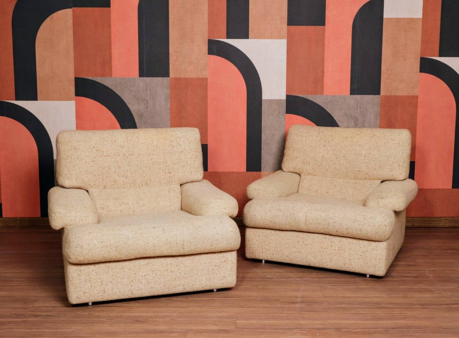 2 minimalist beige armchairs, 1970