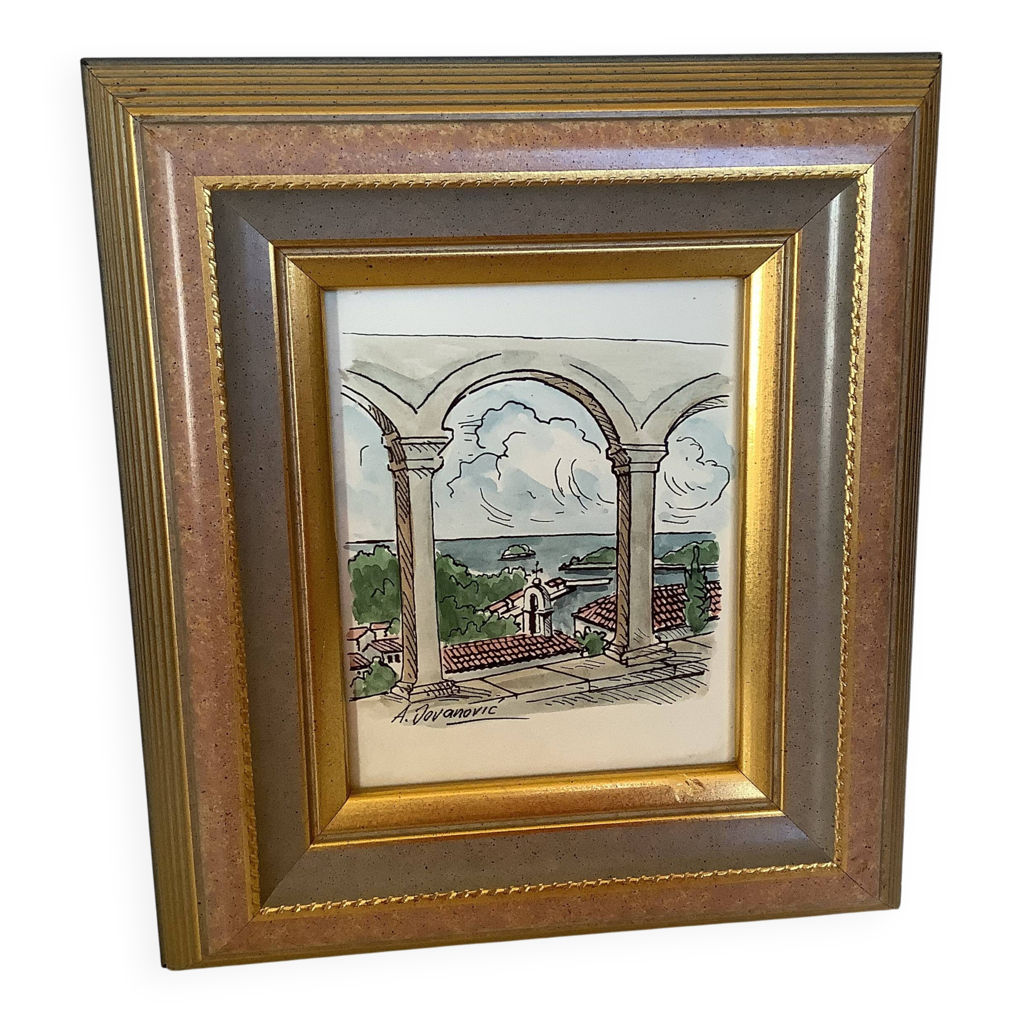 Watercolour painting signed, sea view, marine.