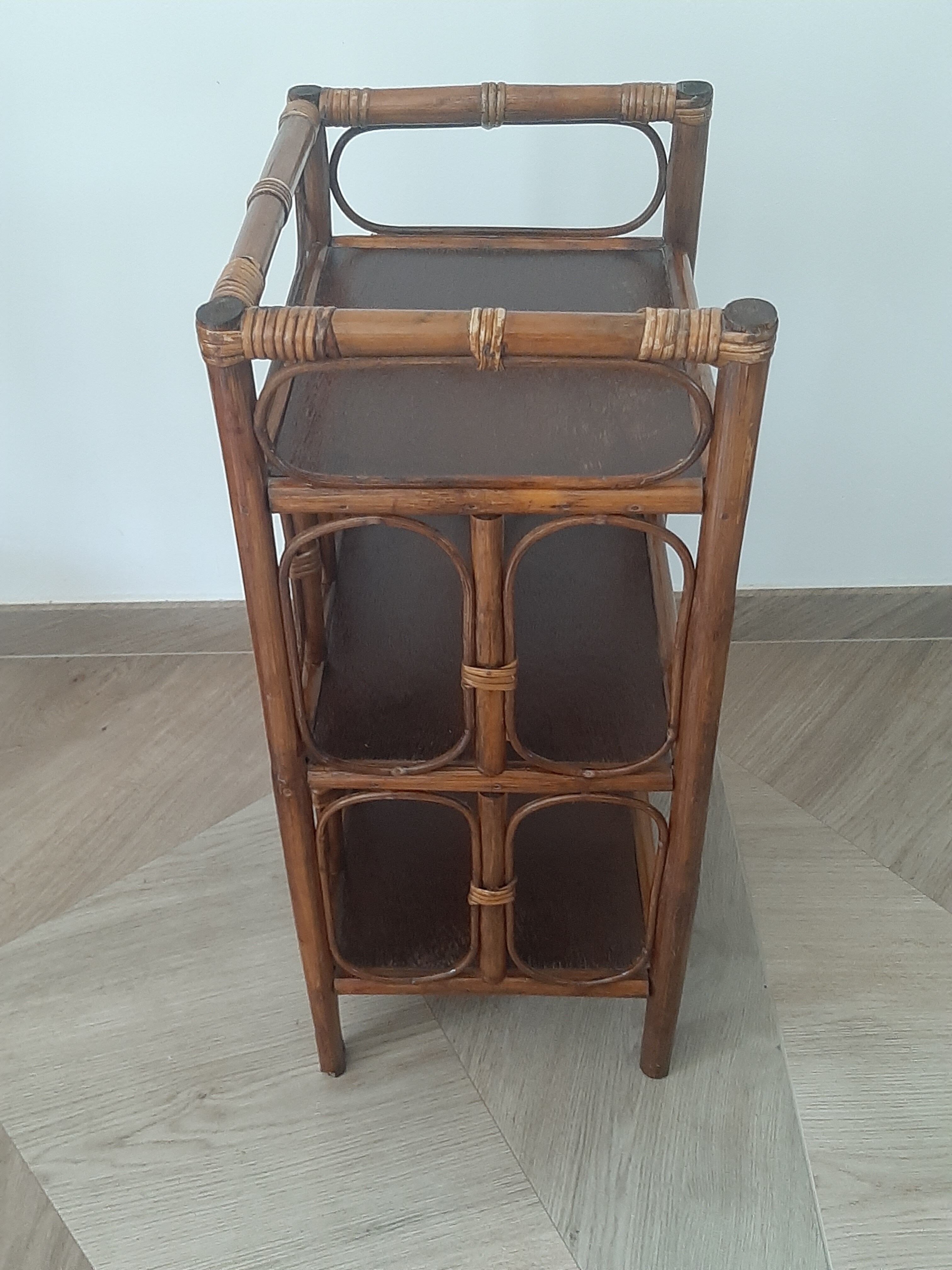 Vintage - set of 2 shelves of wooden floor, bamboo and rattan - 3 levels- retro 80s