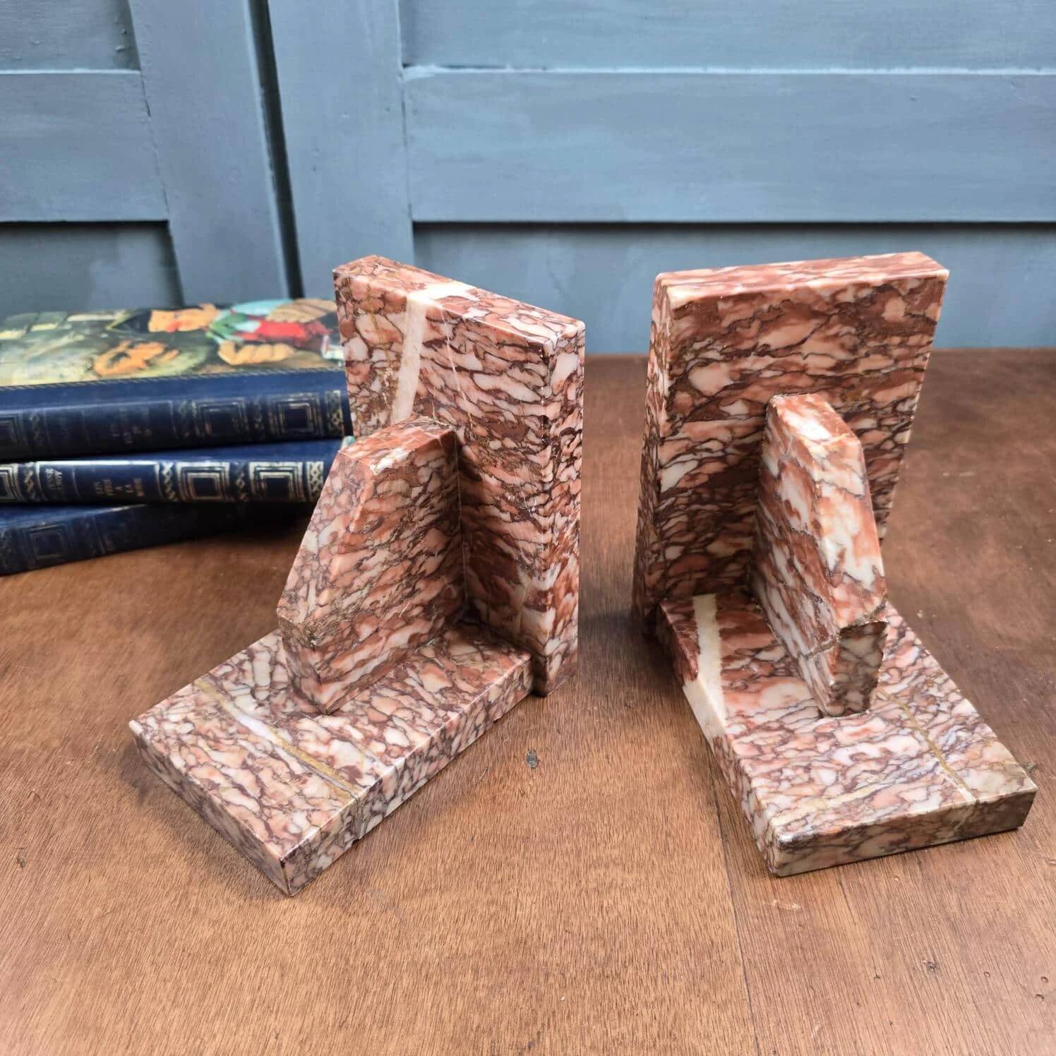 Antique pink marble bookends – Vintage Art Deco pair