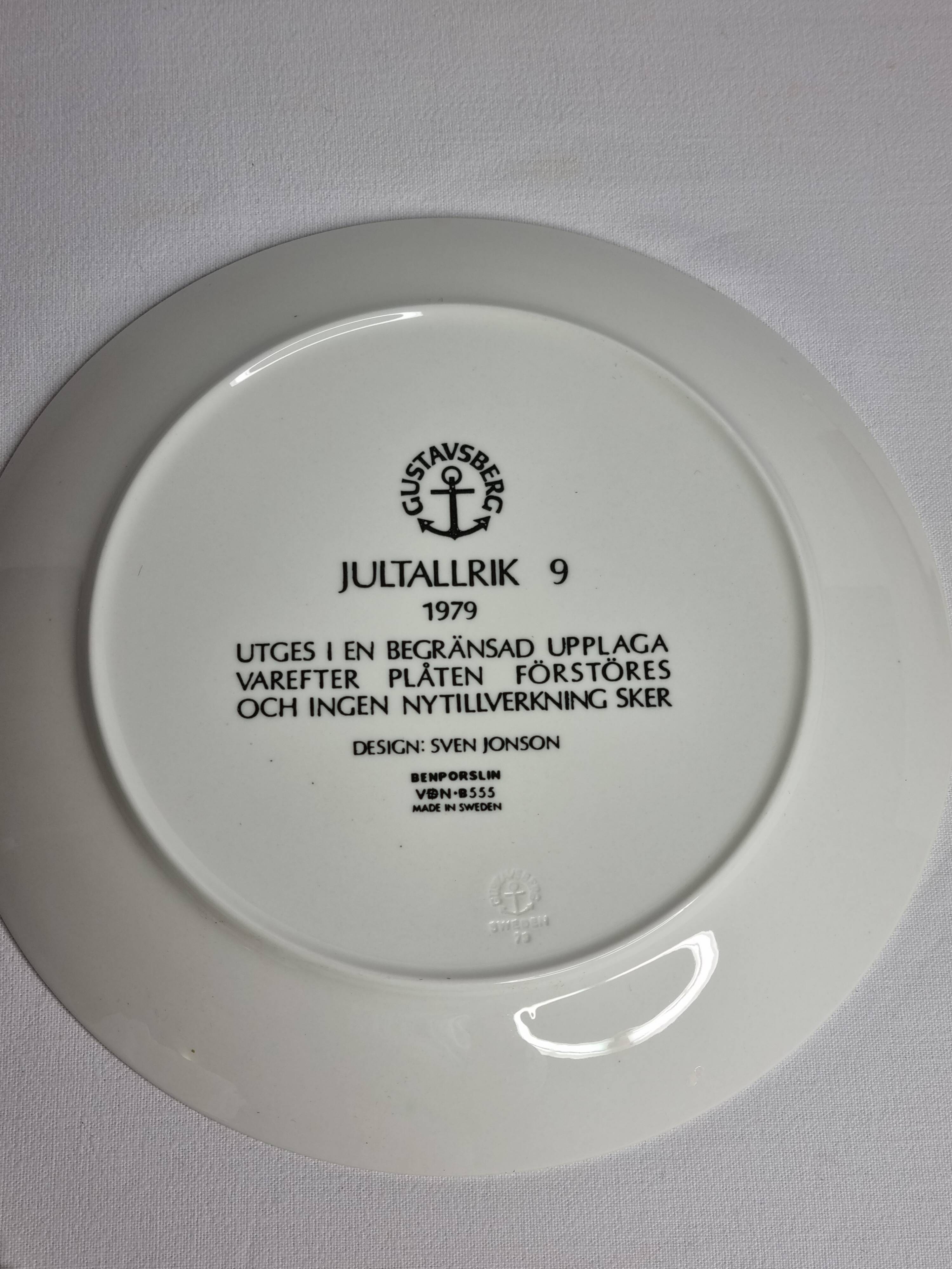 Gustavsberg Christmas plate "Jultallrik 9" 1979, design by Sven Jonson, limited edition, 20 cm