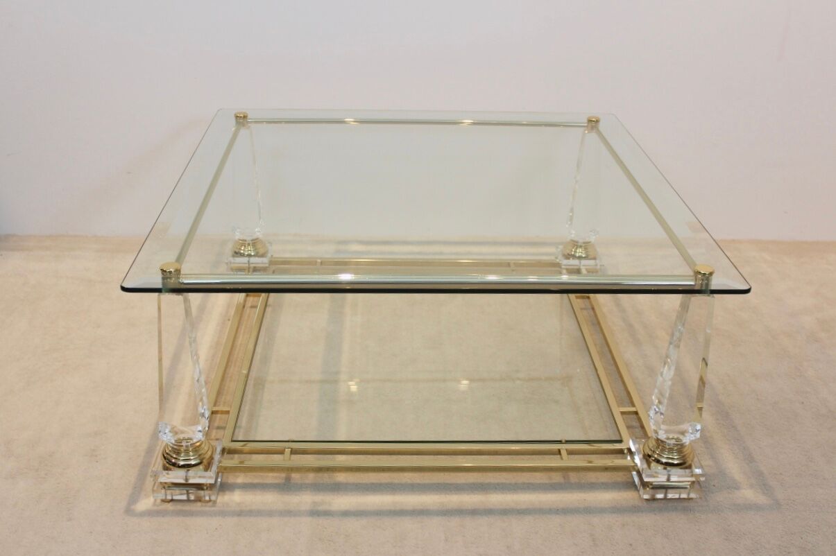 Extraordinary Lucite, Brass and Glass Obelisk Coffee table, 1970s