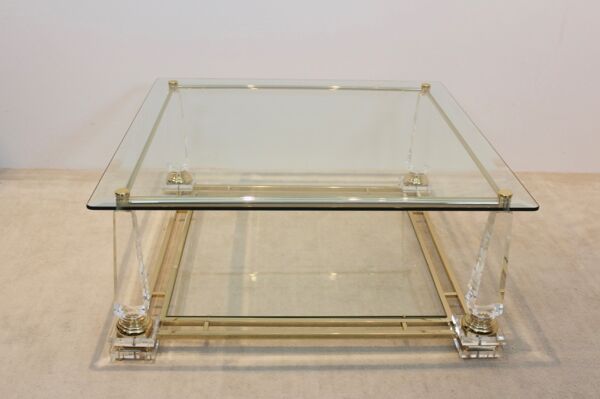 Table basse lucite laiton et verre obélisque années 1970