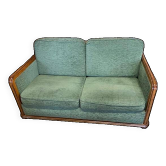 2-seater sofa in wood and green velvet