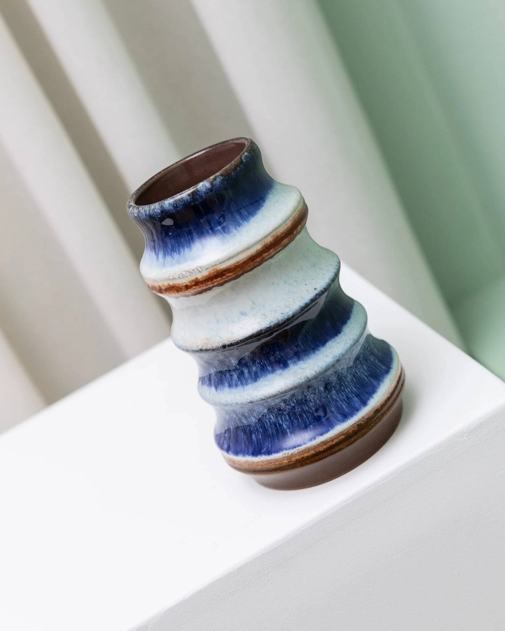 Blue and White Striped Ceramic Vase by Strehla – German Mid-Century, 1960s