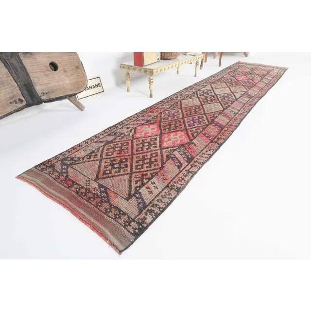 Vintage Turkish Oushak Handmade Wool Cotton Pink Runner Rug 78x376