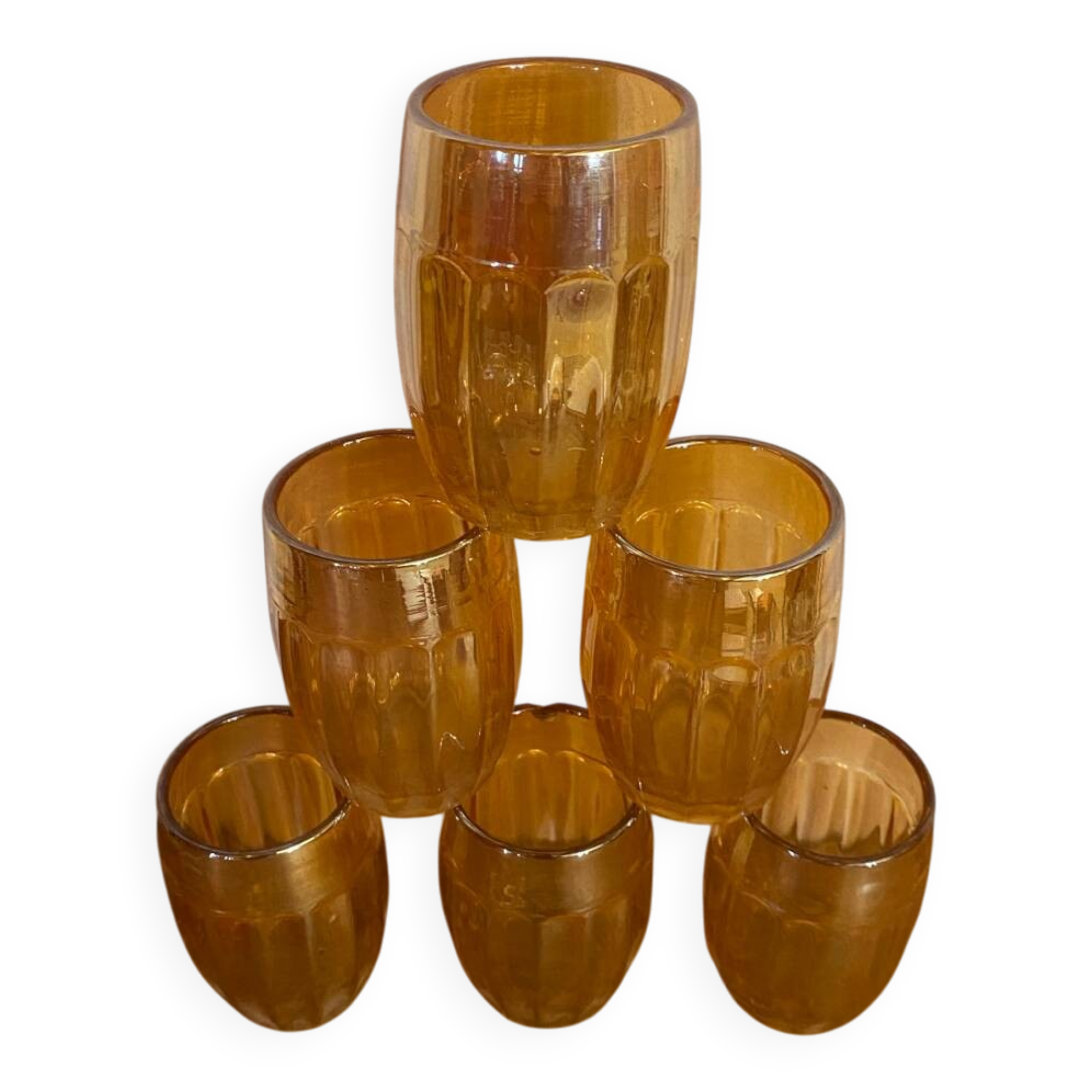 6 verres gobelets vintage en verre orange irisé