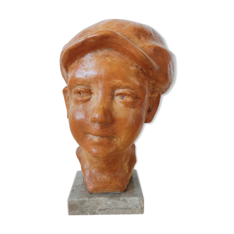 Boy's head in terracotta signed Biron