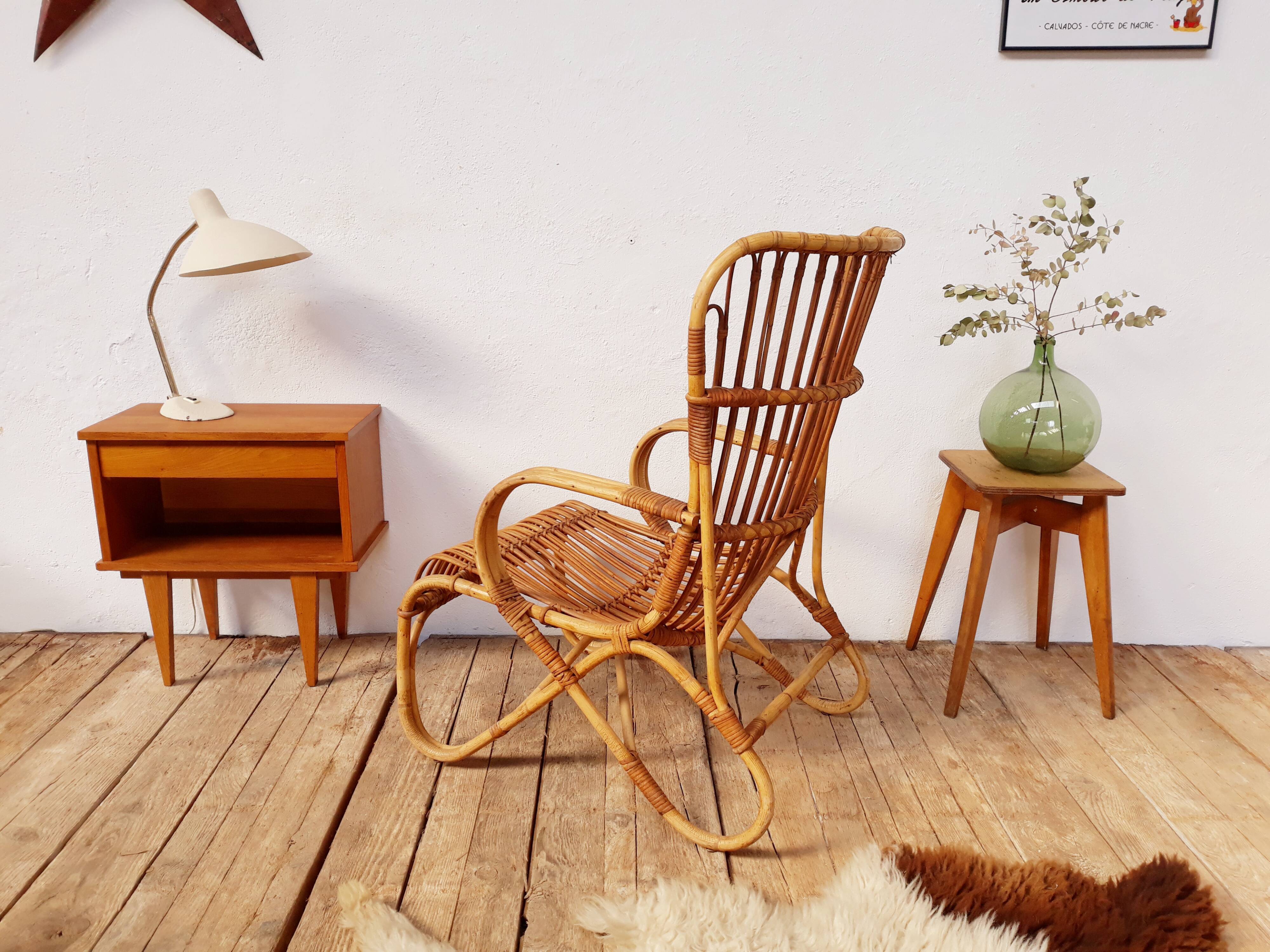 Louis Sognot vintage rattan armchair