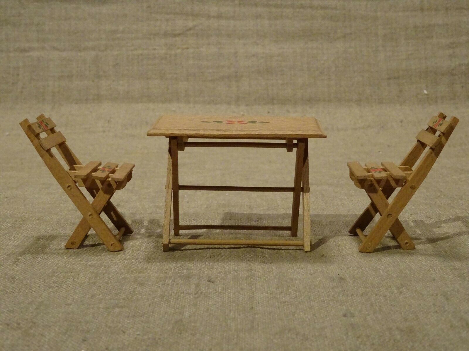 Old miniature doll table furniture and 2 folding garden furniture chairs