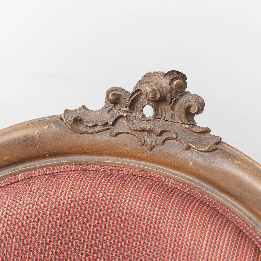 Pair of classic vintage armchairs in carved wood and fabric, 1950s