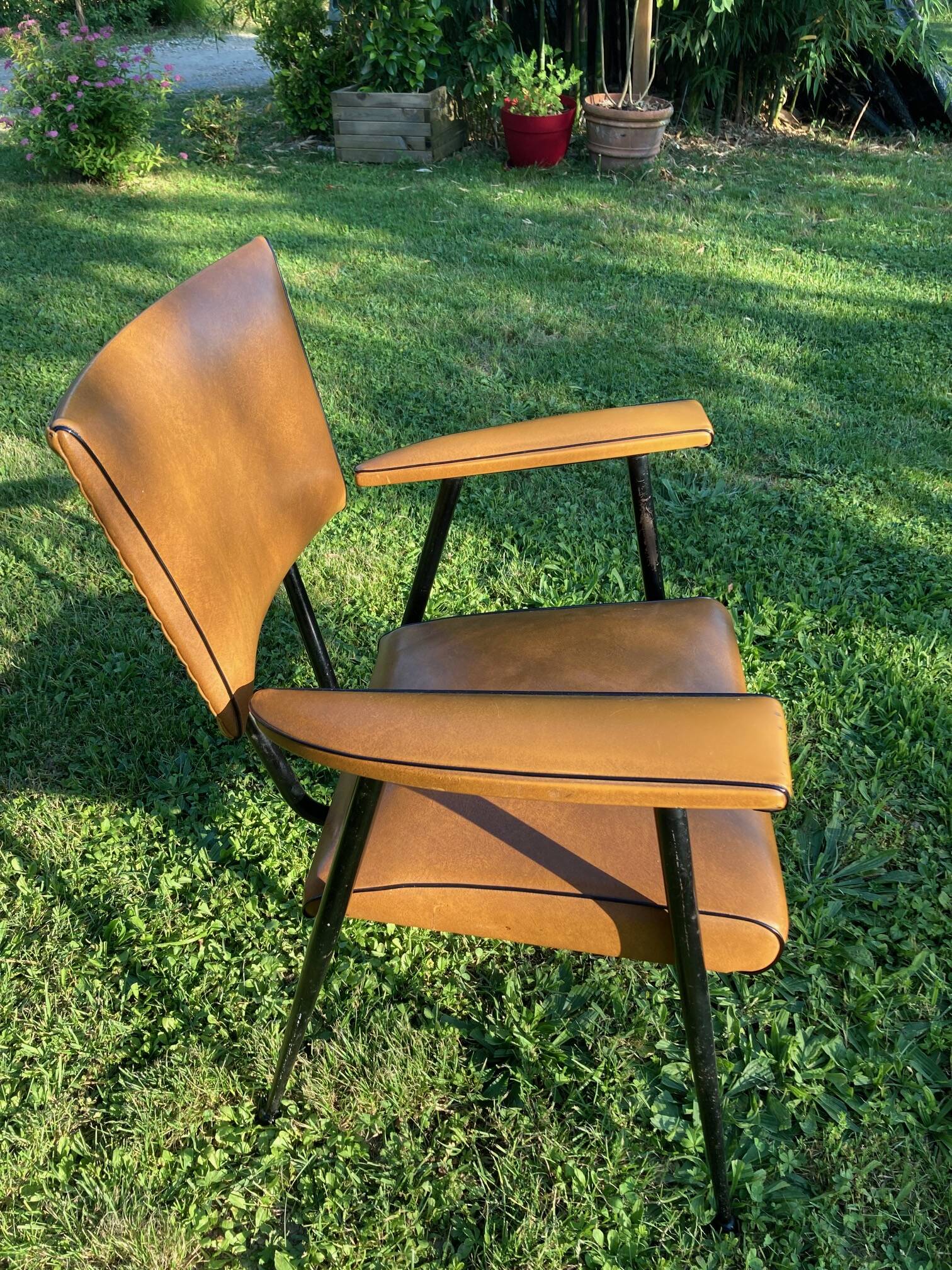 Rare light brown leatherette armchair, by "Colette Gueden", designer from the 50s
