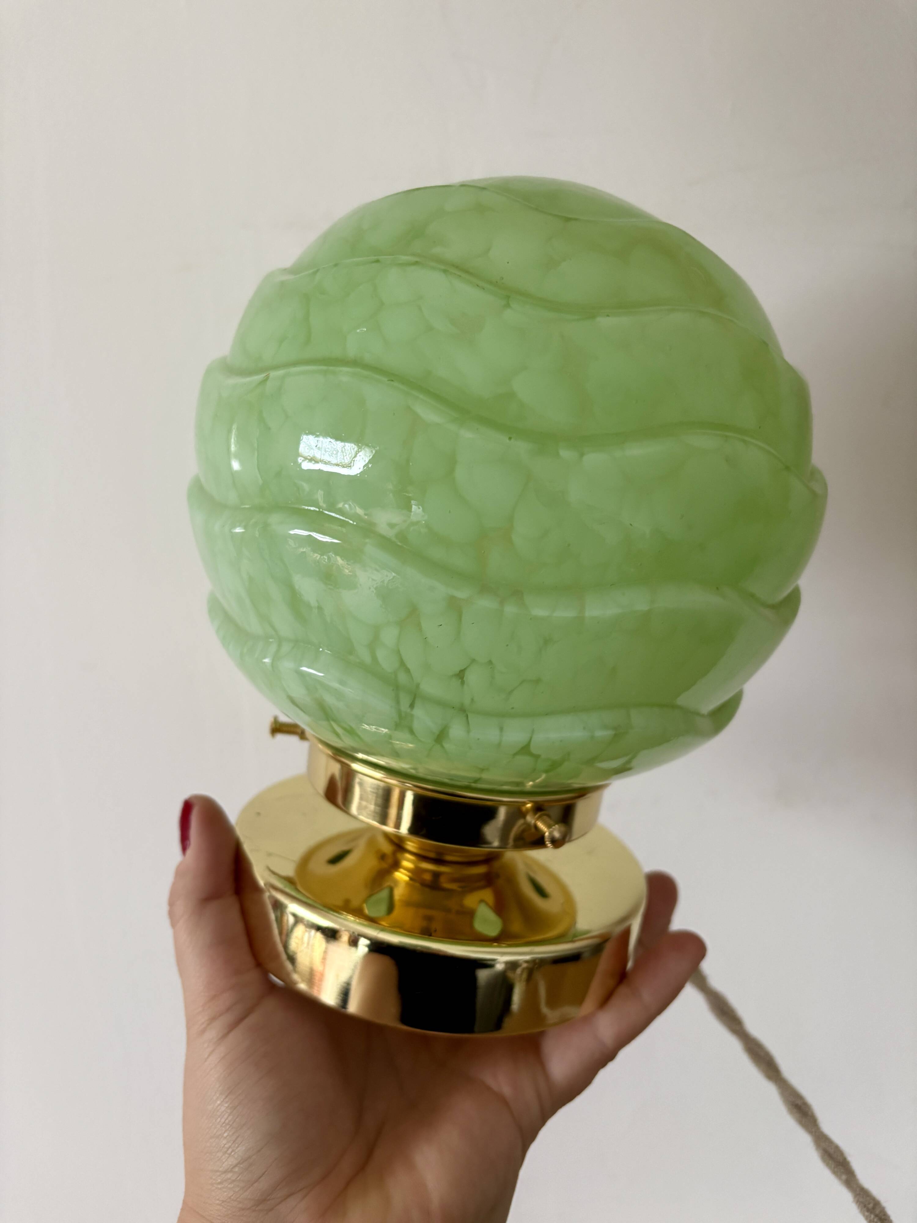 Vintage art deco globe table lamp in mint green Clichy glass