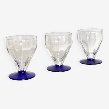 Set of 3 large art deco wine or water glasses and blue colored foot vintage tableware ACC-7090