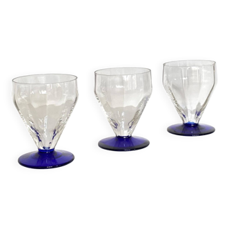 Set of 3 large art deco wine or water glasses and blue colored foot vintage tableware ACC-7090