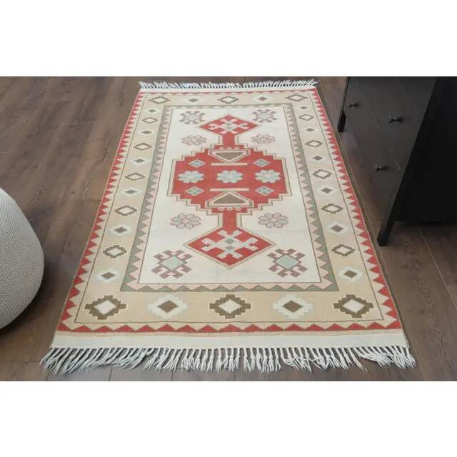 Vintage Turkish Oushak Handmade Wool Cotton Beige Area Rug 115x179