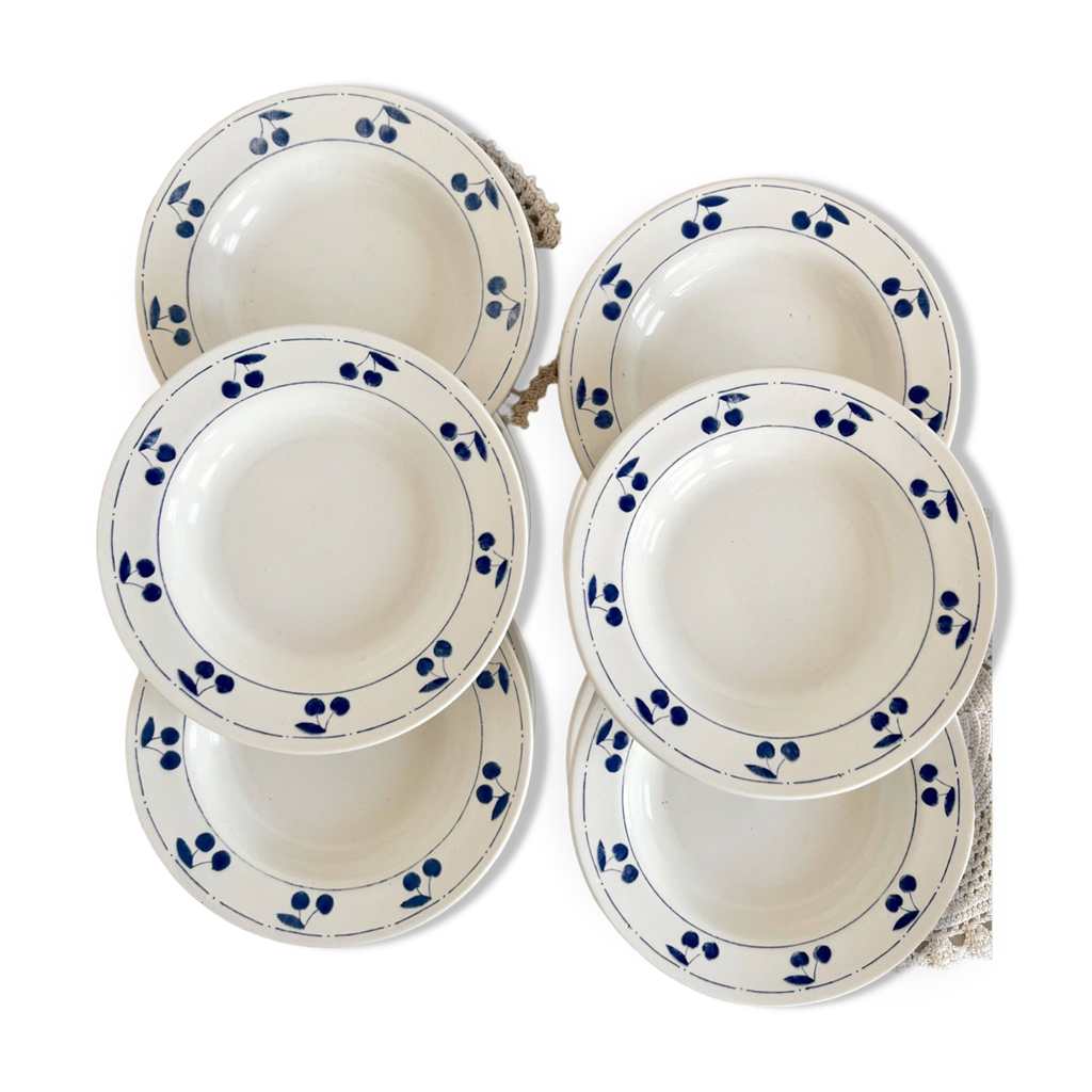 6-assiettes-creuses-vintage-fa-ence-liser-motif-cerise-bleu-selency