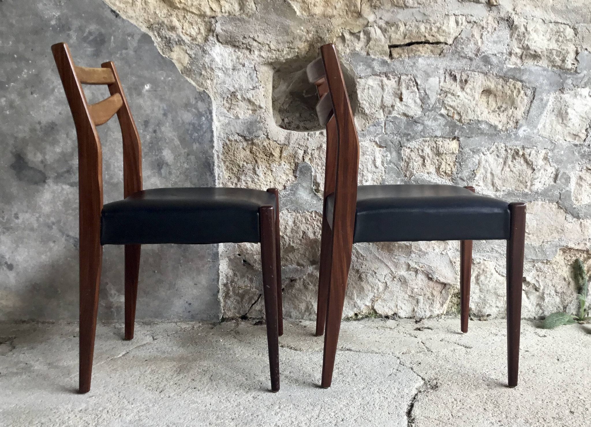 Pair of Scandinavian chairs Ameublement NF black imitation leather and teak - 1960