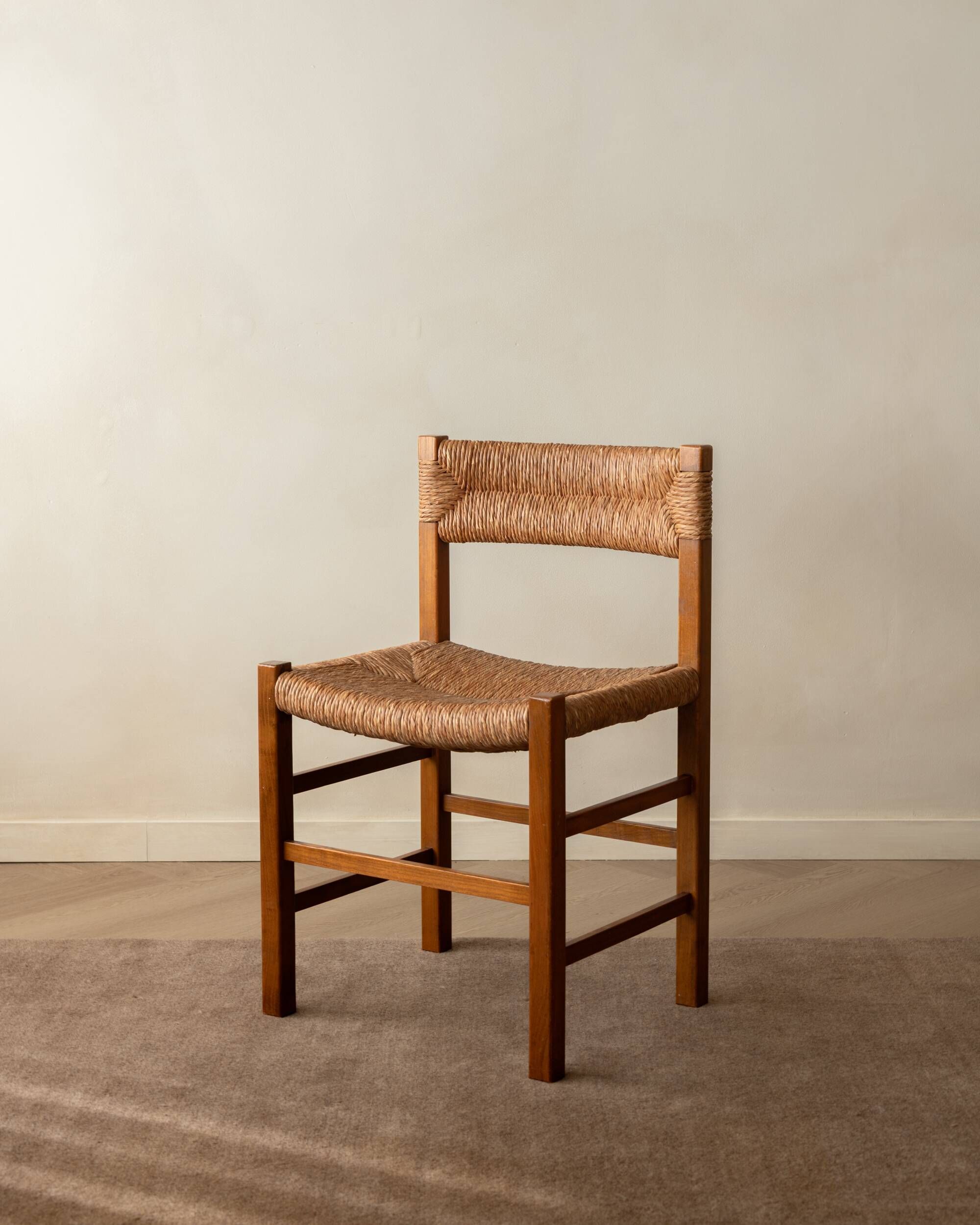 Vintage set of six French mid-century dining chairs in wood and rush, 1960s