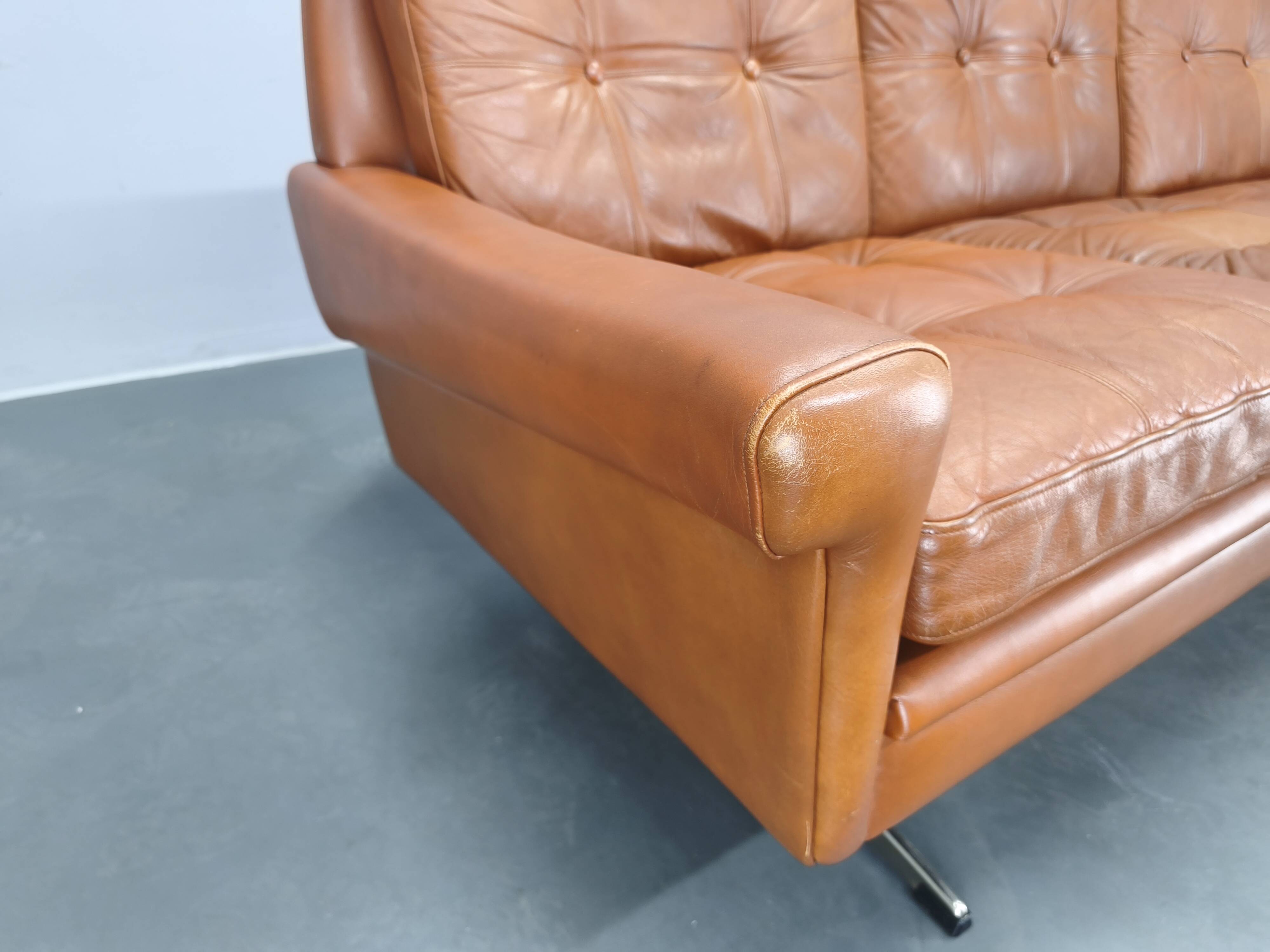 Svend Skipper Danish Leather Sofa Cognac Chrome, 1960s