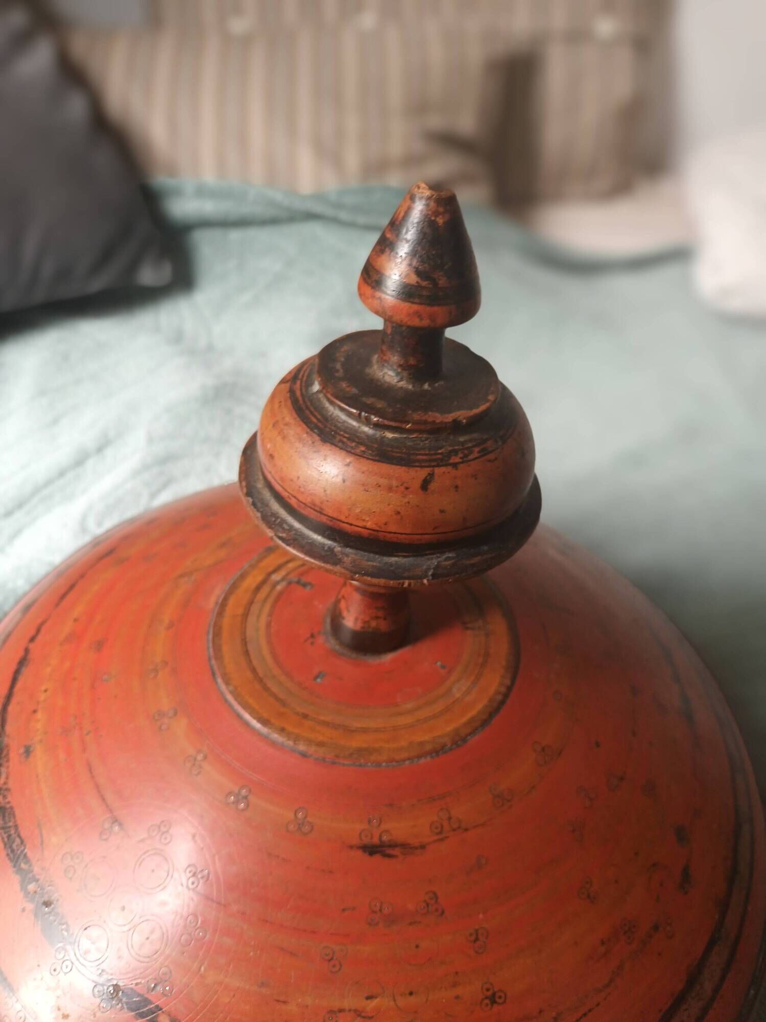 Large antique lacquered wooden Chapati box, ethnic offering box 35cm