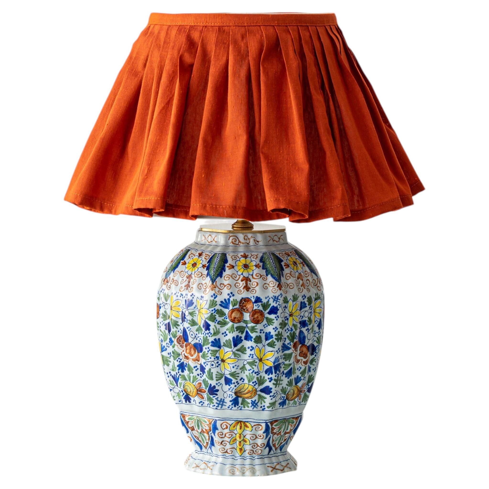 Polychrome Dutch Delft Table Lamp, Tichelaar Makkum, with New Loose Pleat Silk Shade