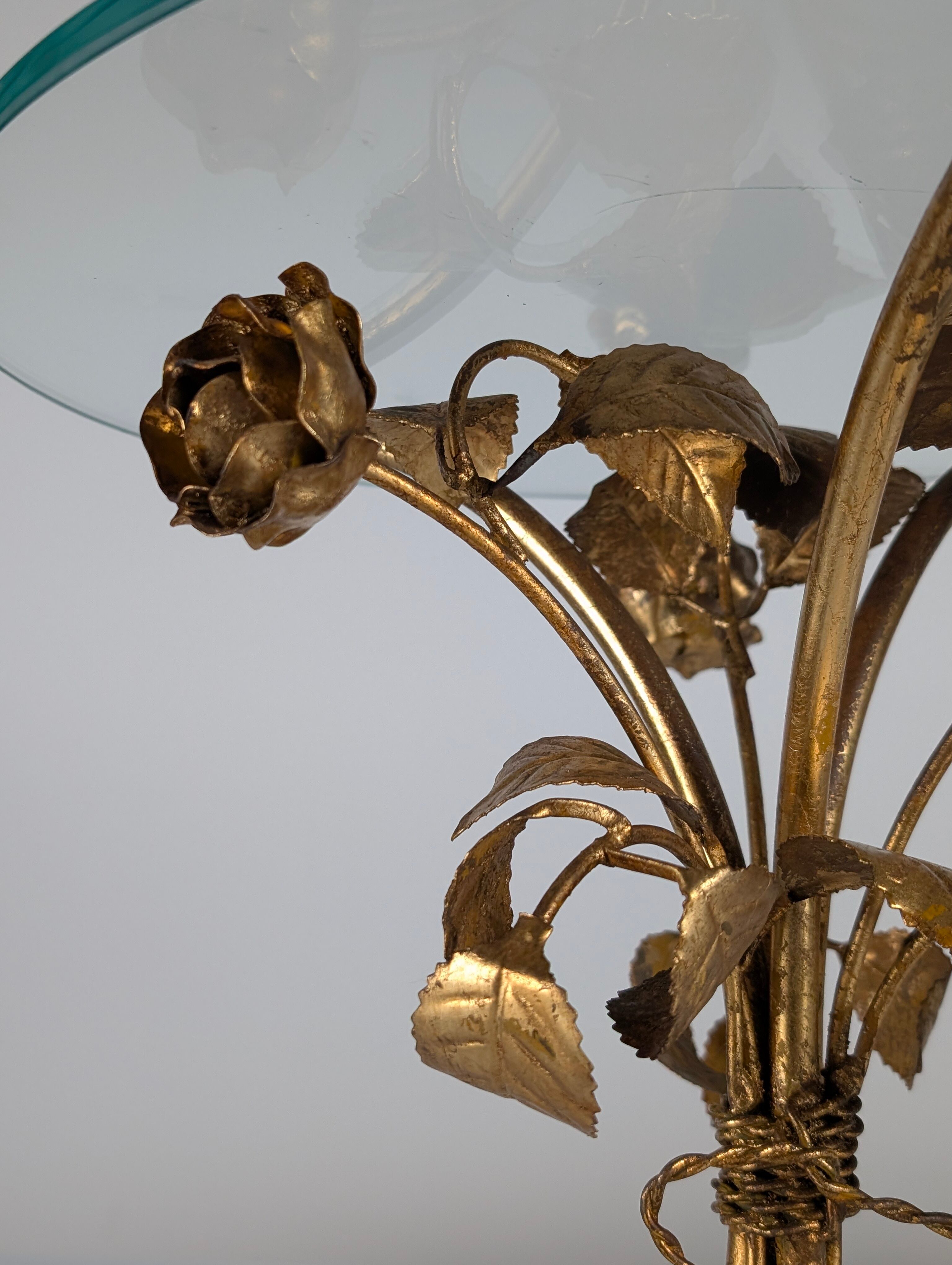 Mid-century side table in gilded metal with roses and glass top, 1970s