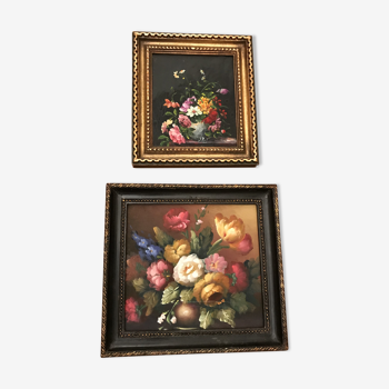 Set of two small oils on framed floral woods