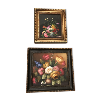 Set of two small oils on framed floral woods