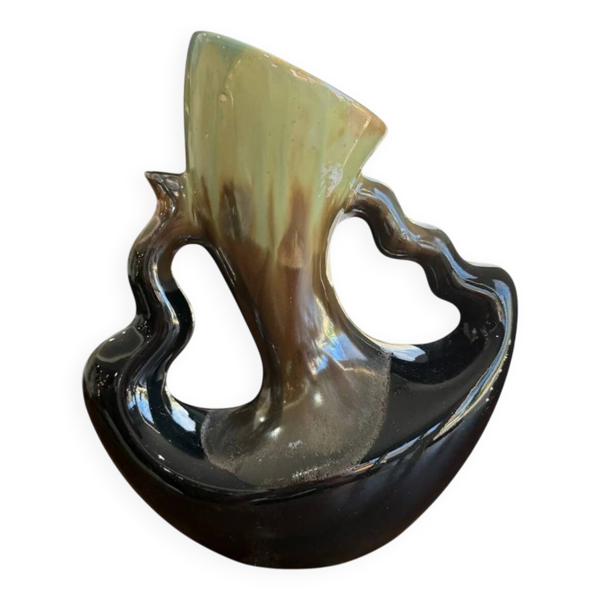 Vintage ceramic vase sculpture with openwork handles – Flamed green & black glaze (c. 1950–1960, Numbered 343)