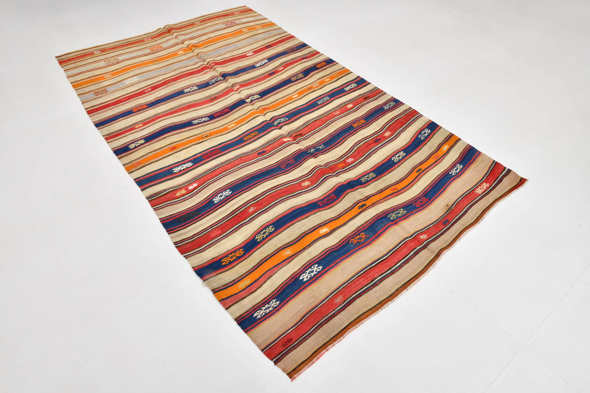 Cream Blue Striped Pattern Vintage Kilim Rug, 162x267Cm