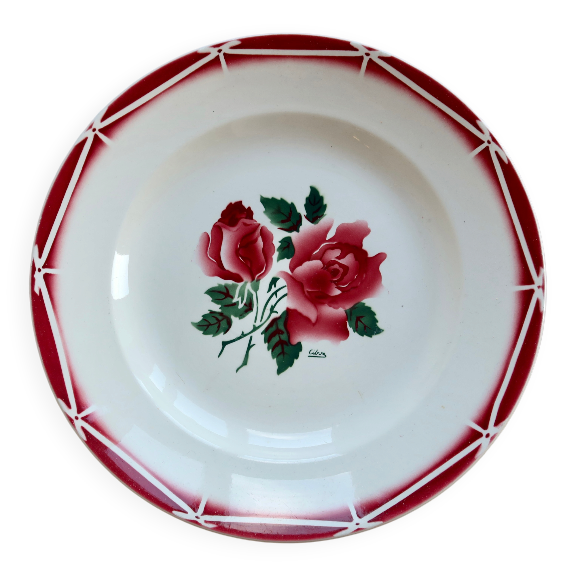 Round serving dish in Sarreguemines earthenware, Cibon model - Floral decoration.