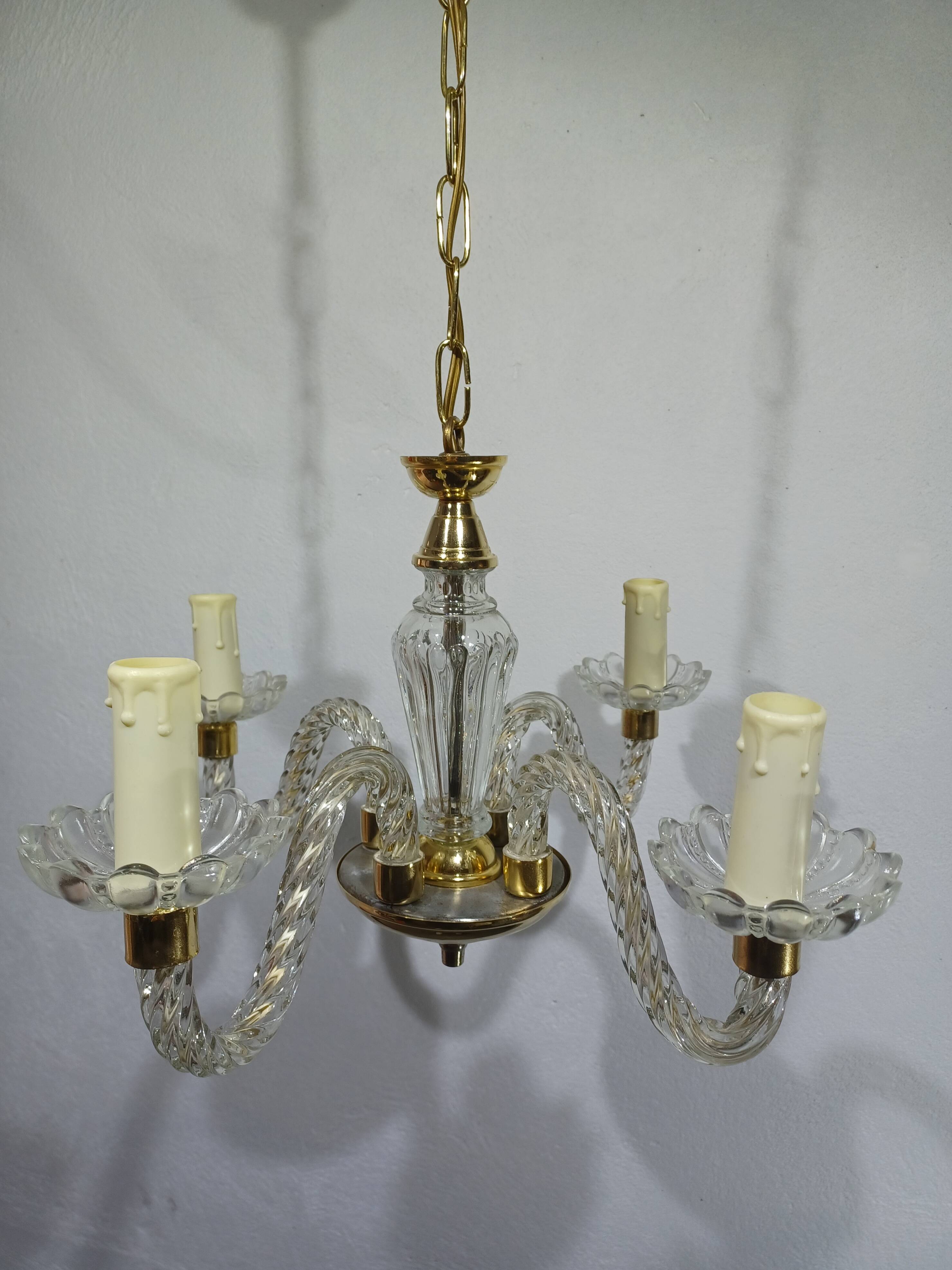 4-light glass and brass chandelier