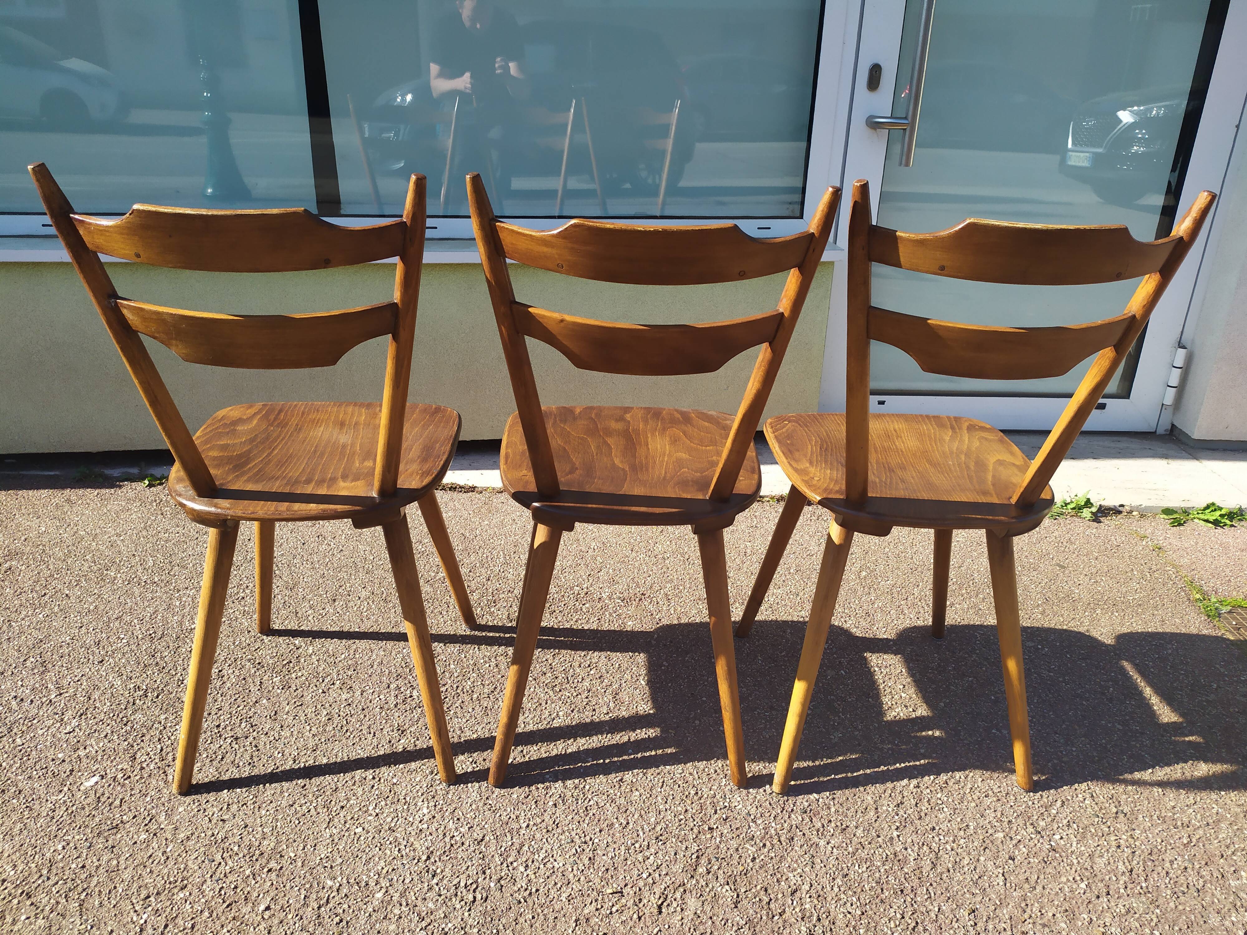 Lot de 3 chaises de bistrot en bois bar vintage
