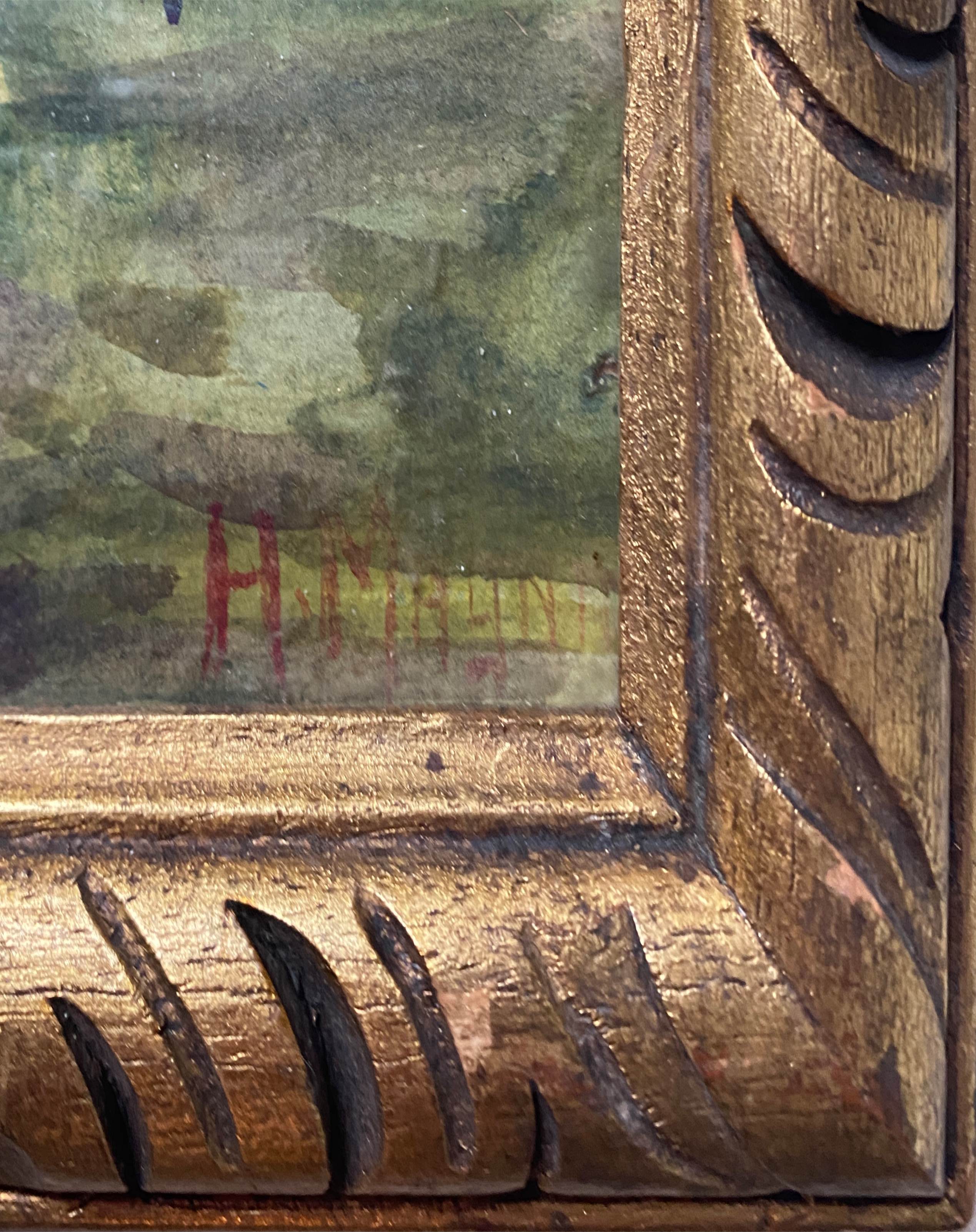 Watercolor painting "Path in the woods" signed + frame early twentieth century