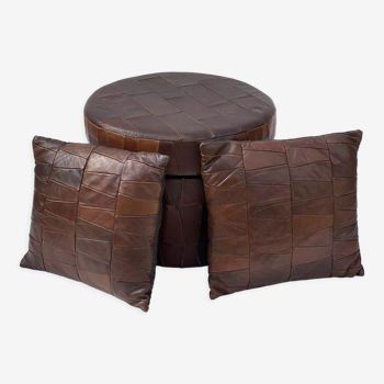 Leather patchwork storage stool and 2 pillows