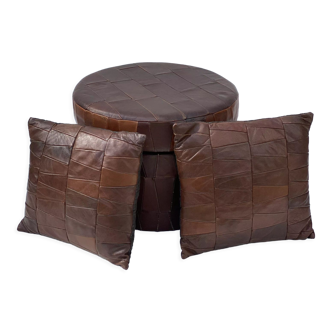 Leather patchwork storage stool and 2 pillows