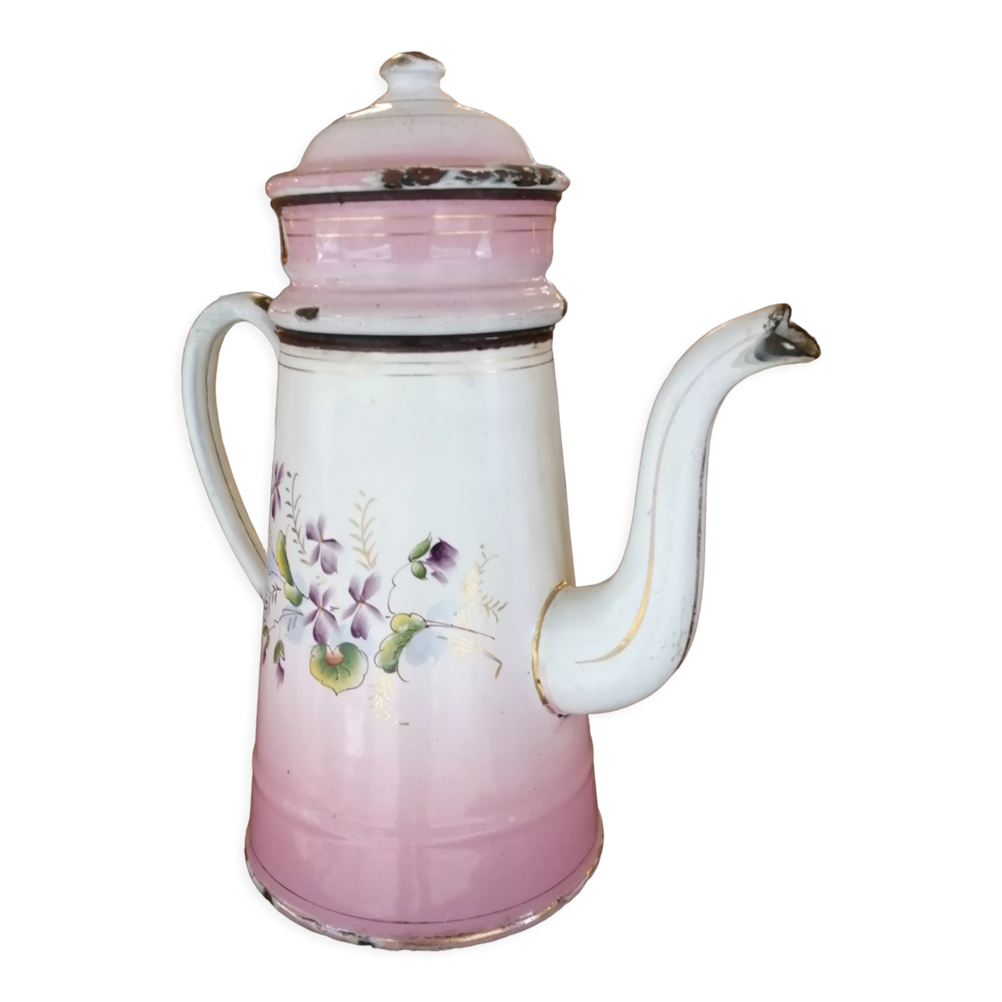 Enamelled sheet metal coffee maker with floral decoration