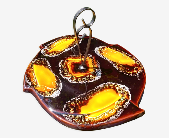 Vintage cheese platter 60s/70s in brown/yellow glazed ceramic