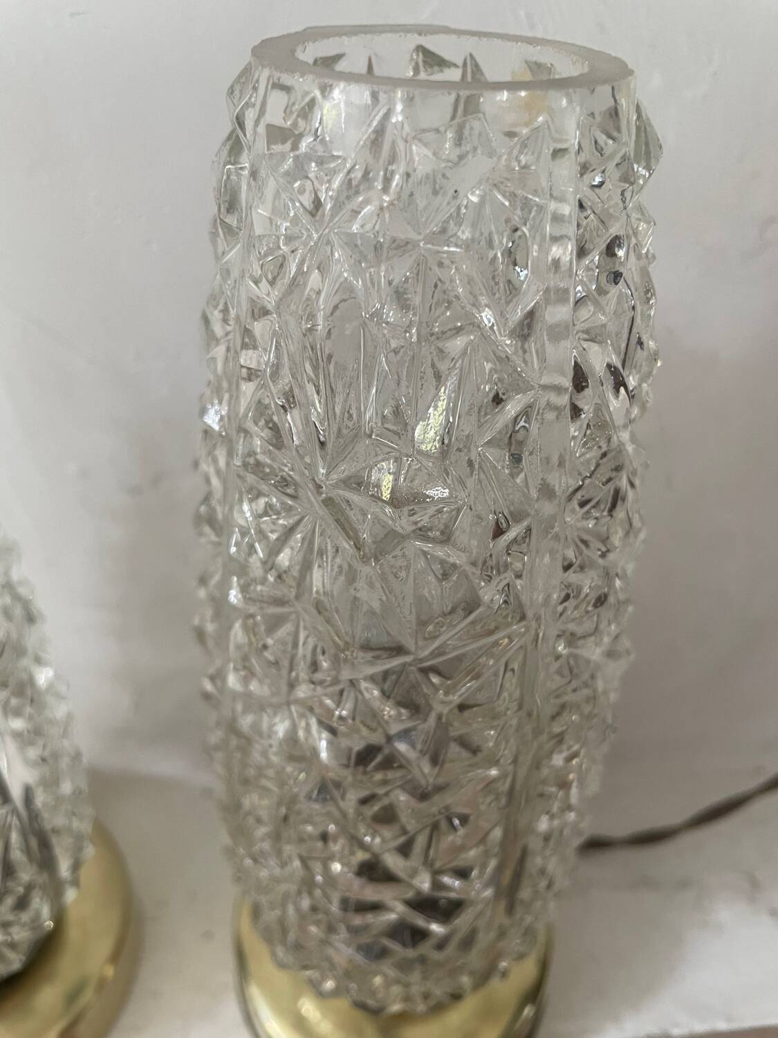 Pair of 1950s brass and glass bedside lamps