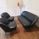 Living room sofa 2 black leather armchairs