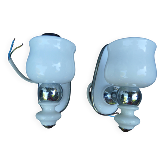 Pair of chrome and white ceramic wall lights