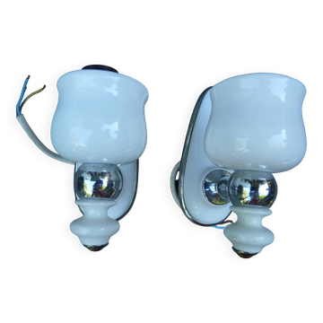 Pair of chrome and white ceramic wall lights