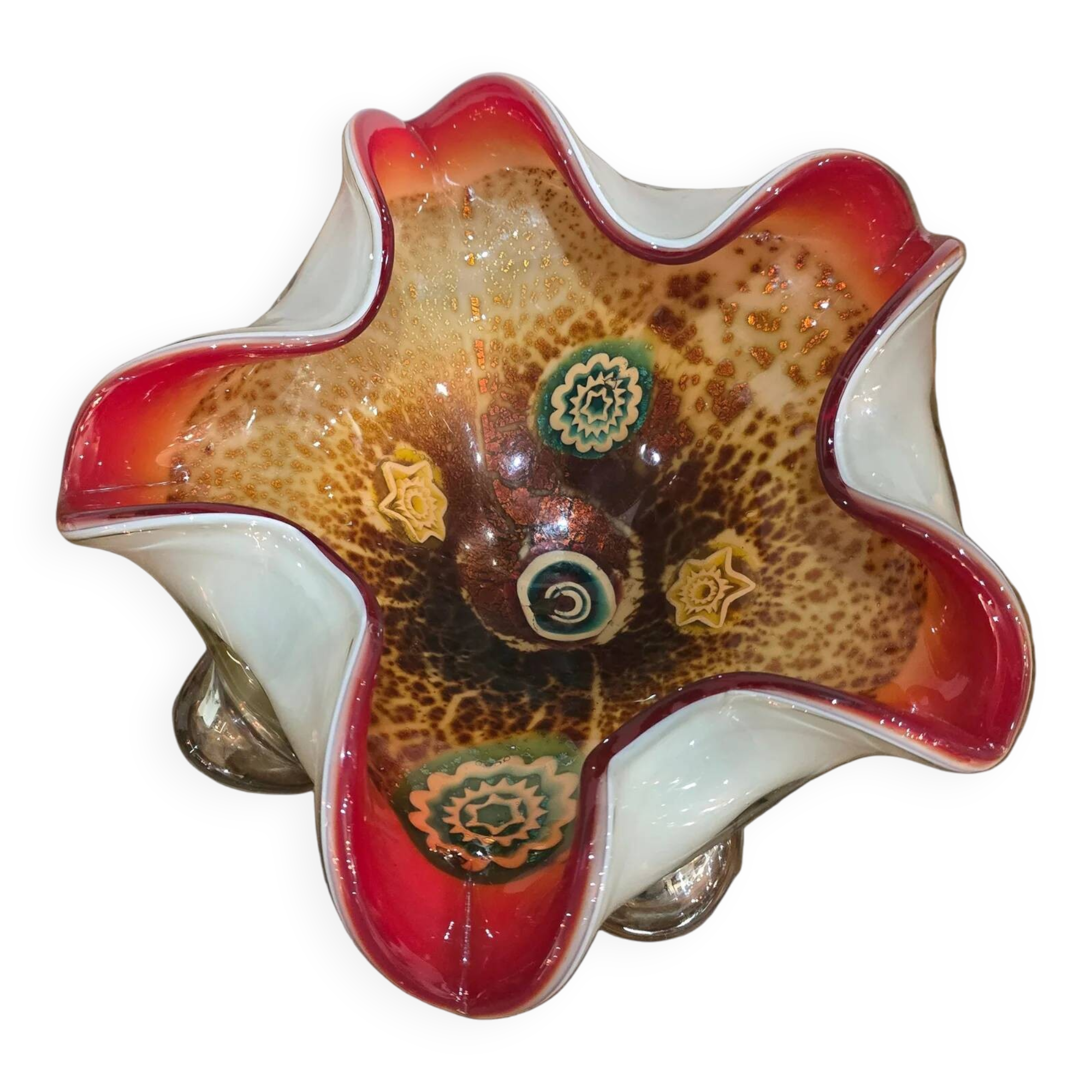 Murano glass bowl – Millefiori & red rim – 26 cm