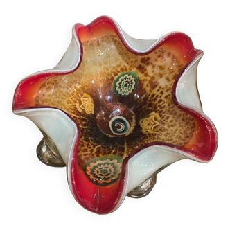 Murano glass bowl – Millefiori & red rim – 26 cm