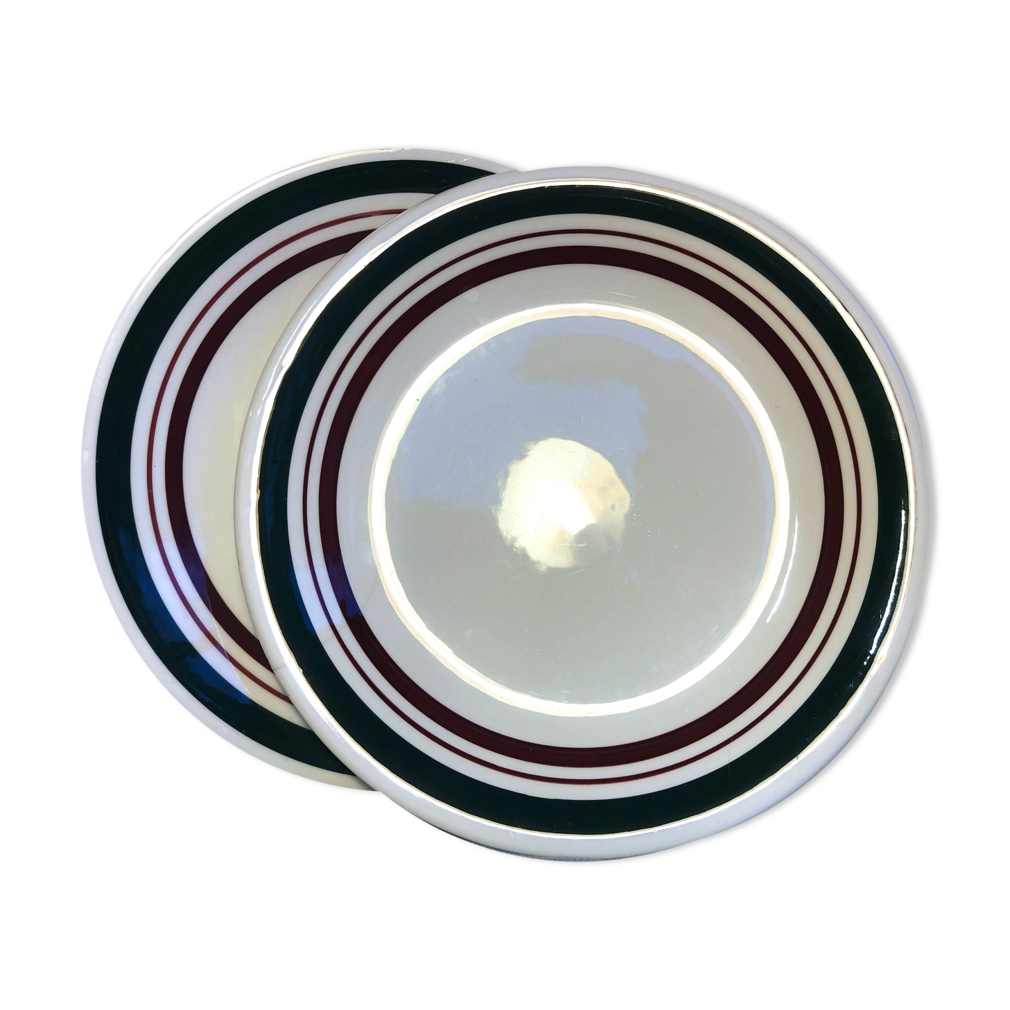 Hollow porcelain plates style Basque stripes burgundy and green