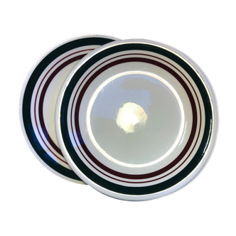Assiettes creuses en porcelaine style rayures basques bordeaux et vert